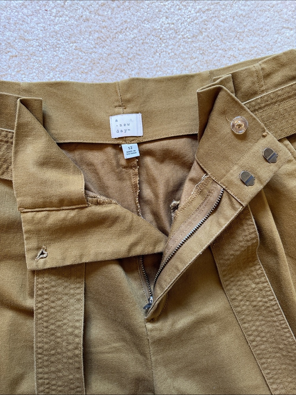 Cinched Waist Paper Bag Trousers Khaki Chinos, Tie Waist - Size 12 A New Day - Picture 4 of 8